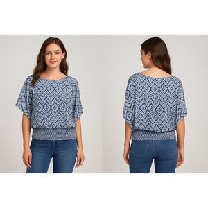 A. Byer Blue & White Geometric Cold Shoulder Blouse - Smocked Waist - Size S